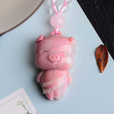 Pink Natural Stone Hand Carved Pig Pendant Necklace