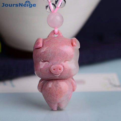 Pink Natural Stone Hand Carved Pig Pendant Necklace