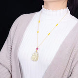 Yellow Natural Crystal Pendants Carved Nine Tail Fox Pendant Sweater Chain Necklace