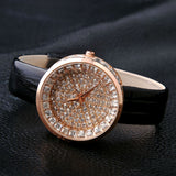 GUOU Luxury Genuine Leather Strap Full Crystal Diamond Quartz Wristwatch