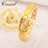 Gold + Silver Quartz Rectangle Dial Carved Pattern Bracelet Casual Wrist Watch