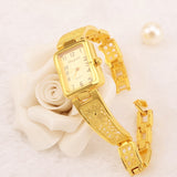 Gold + Silver Quartz Rectangle Dial Carved Pattern Bracelet Casual Wrist Watch