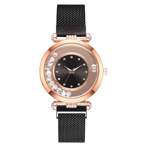 Steel Mesh Exquisite Quicksand Design Small Dial Rhinestone Quartz Wristwatch