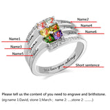 XiaoJing 925 Sterling Sliver Personalized Engraved Family Ring with Six Birthstone