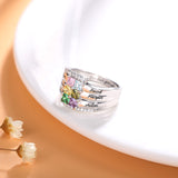 XiaoJing 925 Sterling Sliver Personalized Engraved Family Ring with Six Birthstone