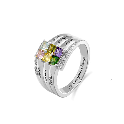 XiaoJing 925 Sterling Sliver Personalized Engraved Family Ring with Six Birthstone