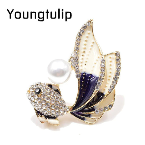 Young Tulip Rhinestone Gold Fish Enamel Animal Brooch