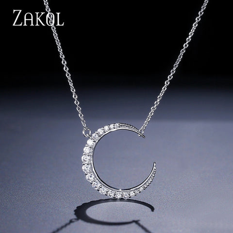 ZAKOL Delicate CZ Zircon Curved crescent moon pendant necklace