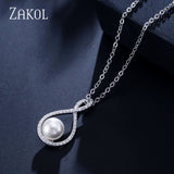 ZAKOL Elegant AAA Zircon Lucky 8-shape Water Drop Pendant Necklace