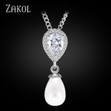 ZAKOL Water Drop Imitation Pearl Pendants Necklaces