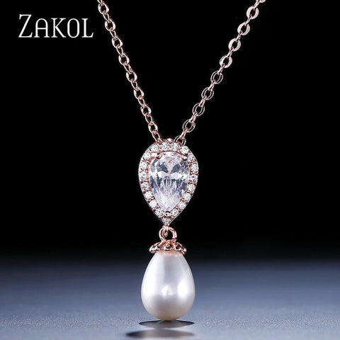 ZAKOL Water Drop Imitation Pearl Pendants Necklaces