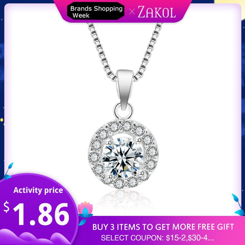 ZAKOL Fashion White Color Micro Round AAA+ Cubic Zirconia Heart Pendant Necklace