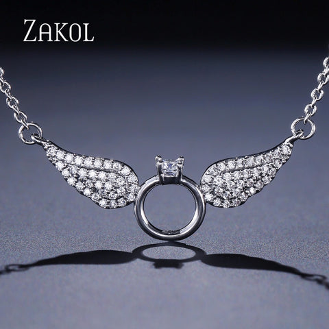 ZAKOL New Fashion Zirconia Angel Wings Pendant & Necklaces