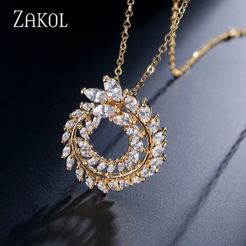 ZAKOL Trendy 3 Color Wicker Shape Clear AAA+ Zirconia Pendants Necklaces