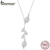 bamoer Leaf Necklace Authentic 925 Sterling Silver Clear Y-shape Link Necklaces