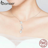 bamoer Leaf Necklace Authentic 925 Sterling Silver Clear Y-shape Link Necklaces