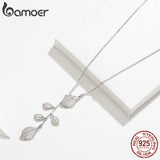 bamoer Leaf Necklace Authentic 925 Sterling Silver Clear Y-shape Link Necklaces