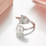 pearl panther ring 925 silver adjustable size leopard animal ring