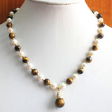 8mm white shell pearl and  tiger eye stone necklace pendant