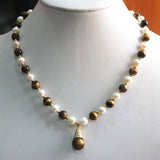 8mm white shell pearl and  tiger eye stone necklace pendant